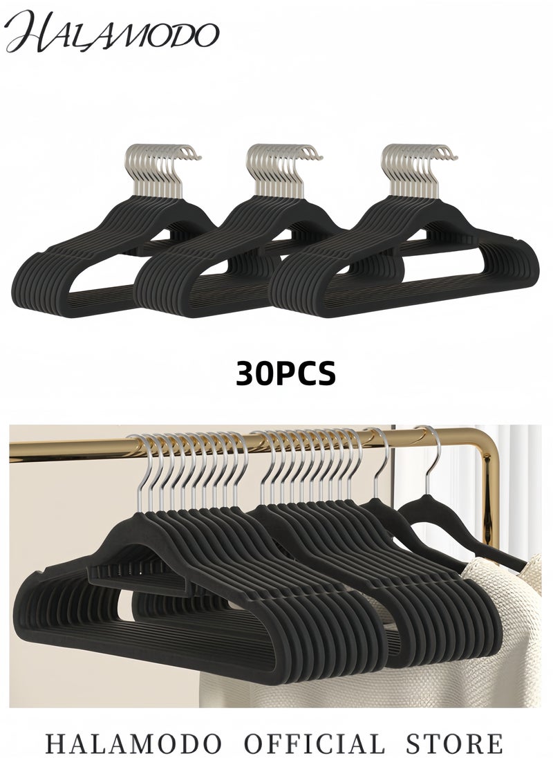 30PCS Clothes Hangers Premium Thickened Flocking hangers Non-Slip Space Saving Clothes Hanger Heavy Duty Durable Black Hangers Notched Hanger for Coats & Pants & Dress