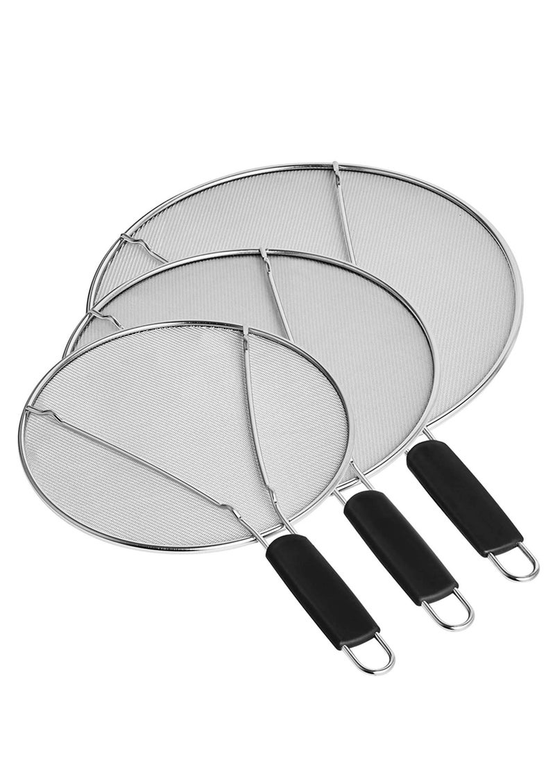 Grease Splatter Screen for Frying Pan, Splatter Guard with Silicone Handle, Stops 99% Hot Oil Splash, Stainless Steel Fine Mesh Oil Shield with Resting Feet and Keeps Kitchen Clean