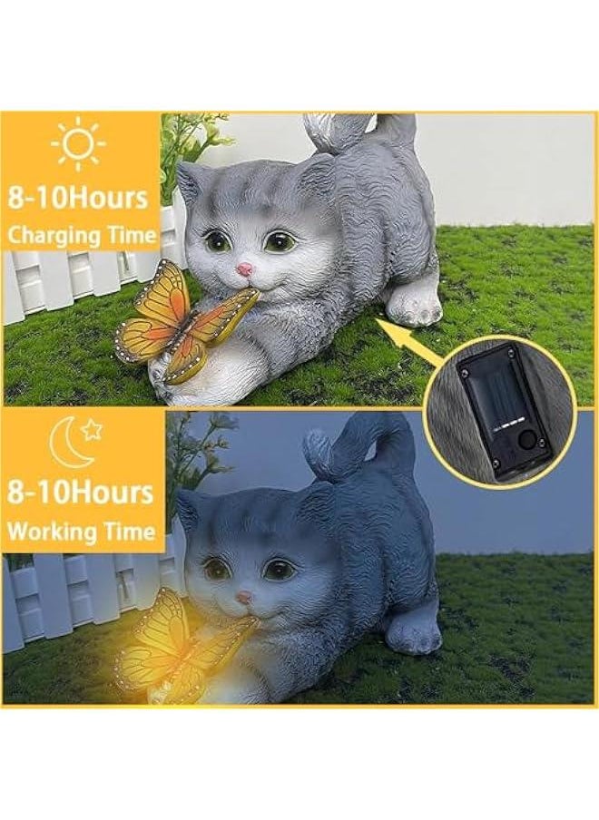 Solar Outdoor Garden Cat Statues Decor, Cat Statue with Solar erfly Light Figurine, Yard,Patio,Lawn Art Ornament Housewarming Thanksgiving for Mom Grandma Friends (Gray Cat)