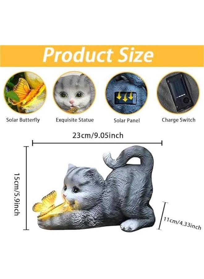 Solar Outdoor Garden Cat Statues Decor, Cat Statue with Solar erfly Light Figurine, Yard,Patio,Lawn Art Ornament Housewarming Thanksgiving for Mom Grandma Friends (Gray Cat)