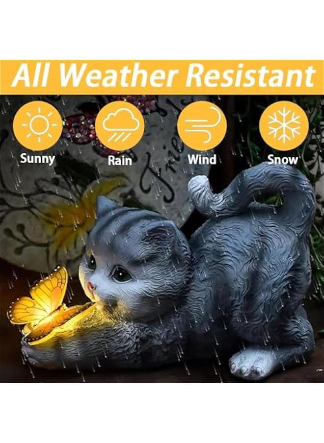 Solar Outdoor Garden Cat Statues Decor, Cat Statue with Solar erfly Light Figurine, Yard,Patio,Lawn Art Ornament Housewarming Thanksgiving for Mom Grandma Friends (Gray Cat)