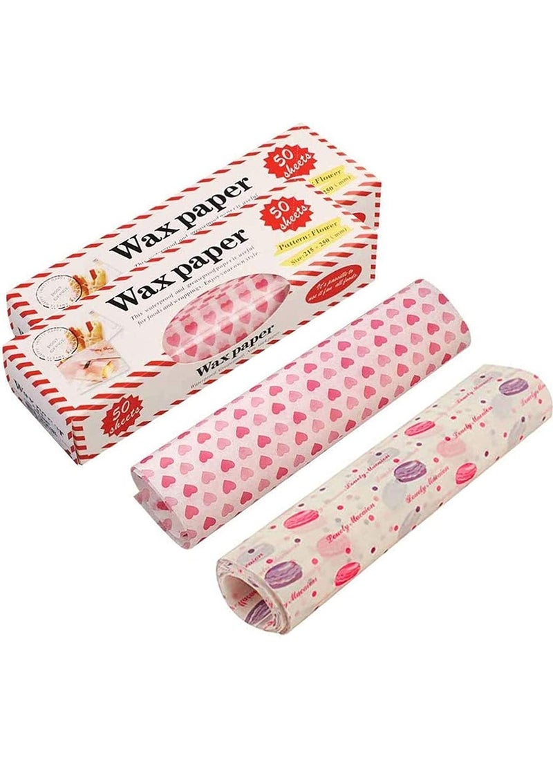 100 Sheets Food Grade Wax Paper, Grease Proof & Waterproof, Ideal for Sandwiches, Burgers, Fries, Cheese, Perfect for Family Parties & Weddings (Heart + Macaron Design)