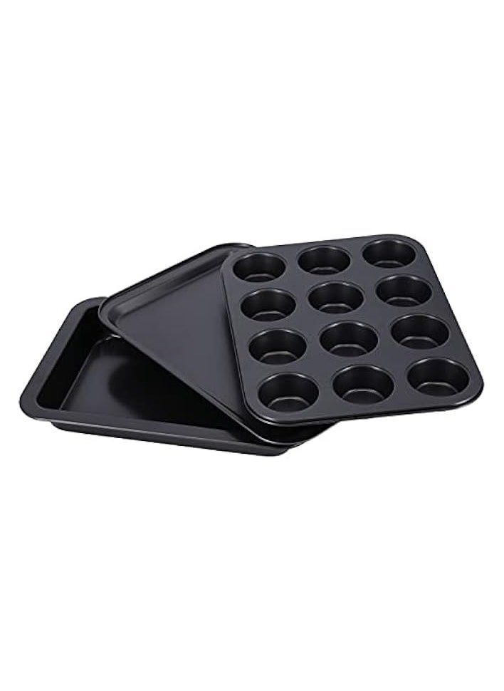 3Pcs Non-stick Bakeware Set - Cookie Sheet / Baking Sheet, 12Pcs Muffin Pan Cupcake & Roasting | Wide Handle Bread Dessert Bakeware, Sponge Cake Chocolate for