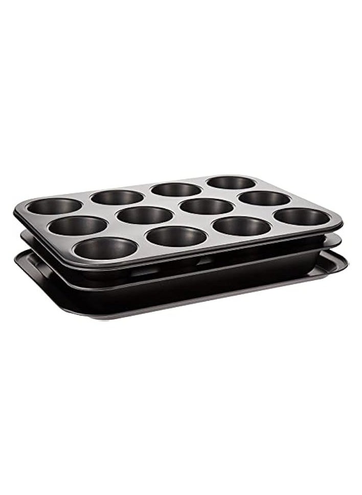 3Pcs Non-stick Bakeware Set - Cookie Sheet / Baking Sheet, 12Pcs Muffin Pan Cupcake & Roasting | Wide Handle Bread Dessert Bakeware, Sponge Cake Chocolate for