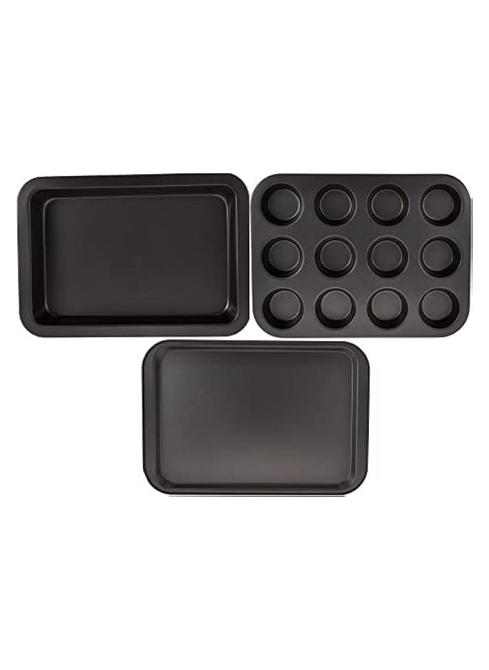 3Pcs Non-stick Bakeware Set - Cookie Sheet / Baking Sheet, 12Pcs Muffin Pan Cupcake & Roasting | Wide Handle Bread Dessert Bakeware, Sponge Cake Chocolate for