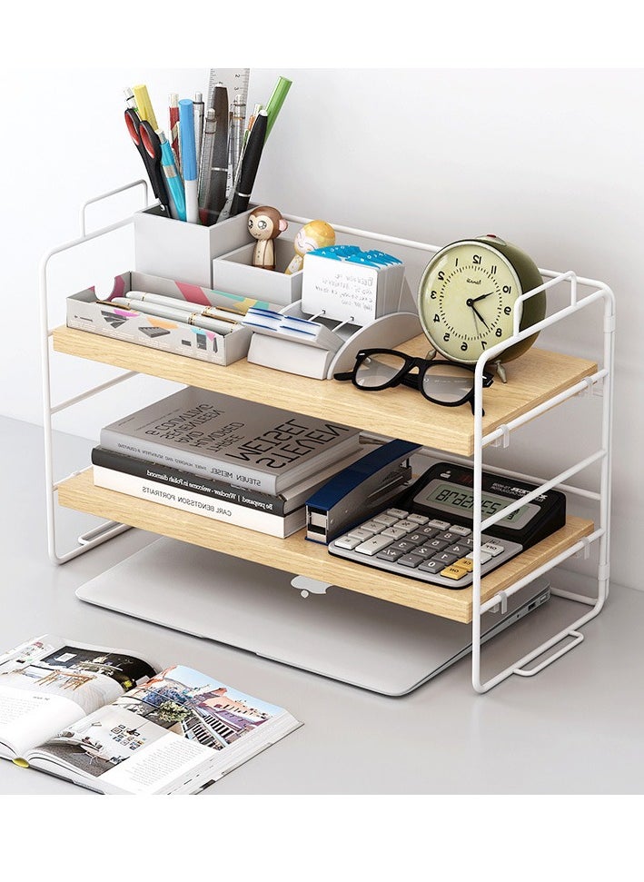 Desktop Organizer Shelf, 2 Tier Organizer Storage Shelf, Metal and Wooden Desktop Countertop Bookshelf, Small Display Organizer Shelf for Office, Kitchen, Bedroom, Bathroom