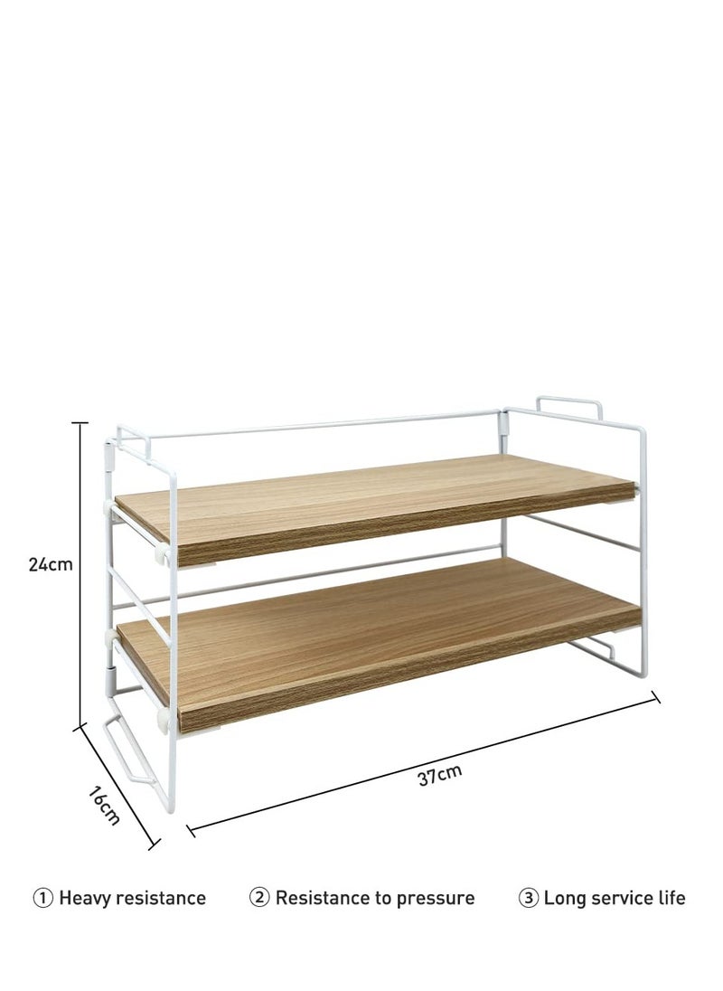 Desktop Organizer Shelf, 2 Tier Organizer Storage Shelf, Metal and Wooden Desktop Countertop Bookshelf, Small Display Organizer Shelf for Office, Kitchen, Bedroom, Bathroom