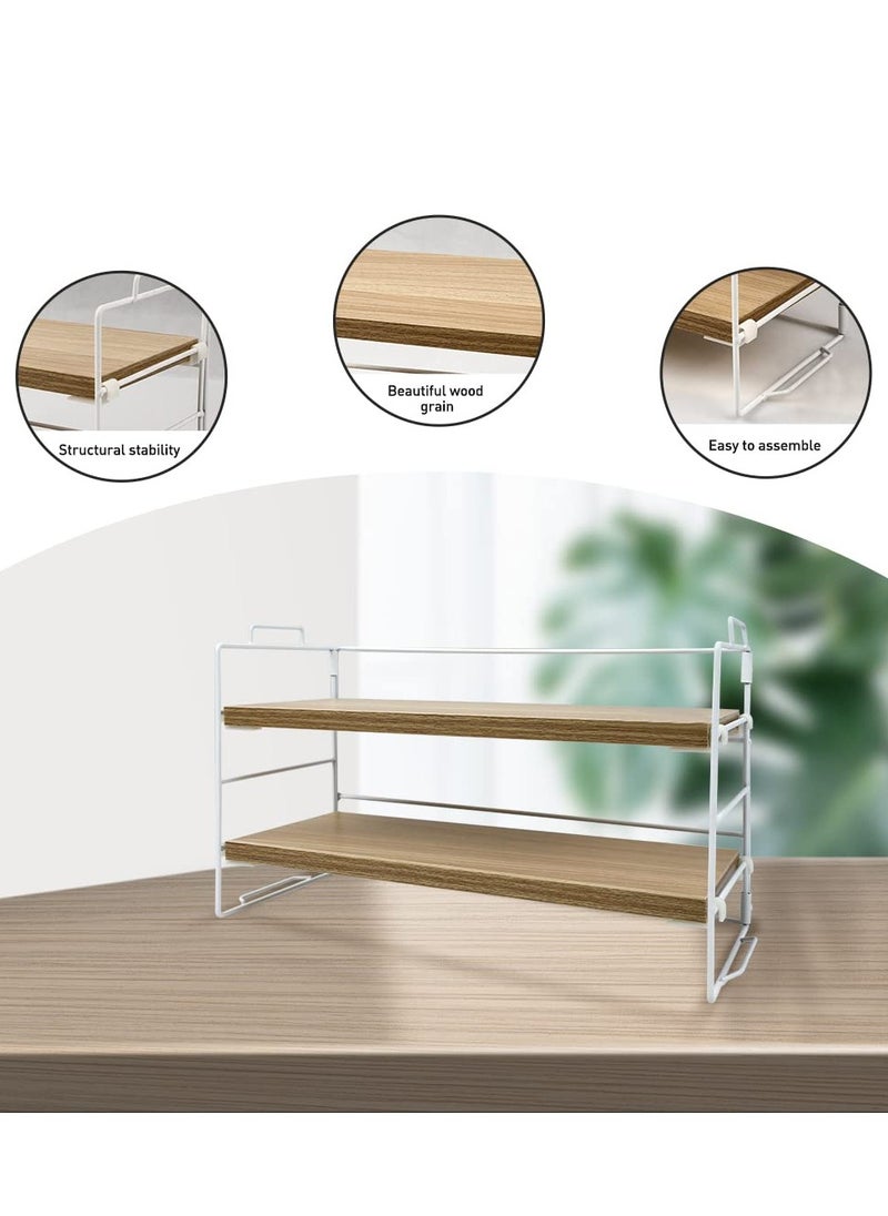 Desktop Organizer Shelf, 2 Tier Organizer Storage Shelf, Metal and Wooden Desktop Countertop Bookshelf, Small Display Organizer Shelf for Office, Kitchen, Bedroom, Bathroom