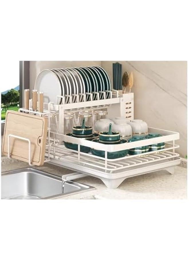 Dish Drying Rack Large Capacity 2 Tier Dish Drying Rack Multifunctional Rustproof Dish Drainers for Kitchen Counter with Drainboard Leak-Proof Spout,Large Utensil Holder, Cup Holder, White