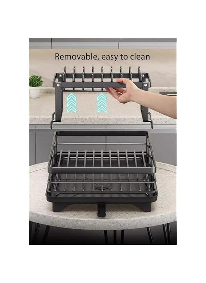 Dish Drying Rack Large Capacity 2 Tier Dish Drying Rack Multifunctional Rustproof Dish Drainers for Kitchen Counter with Drainboard Leak-Proof Spout,Large Utensil Holder, Cup Holder, White