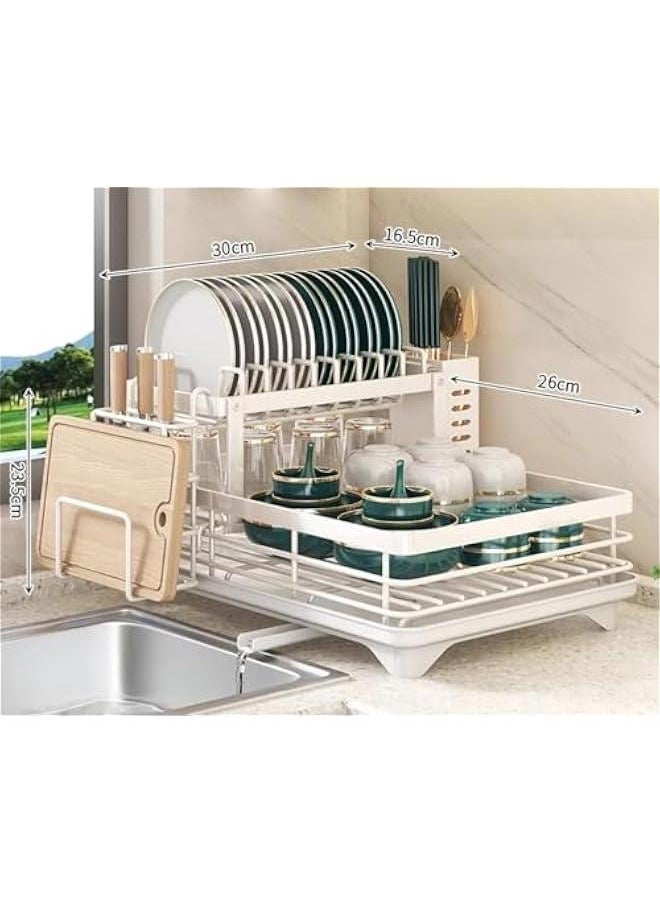 Dish Drying Rack Large Capacity 2 Tier Dish Drying Rack Multifunctional Rustproof Dish Drainers for Kitchen Counter with Drainboard Leak-Proof Spout,Large Utensil Holder, Cup Holder, White