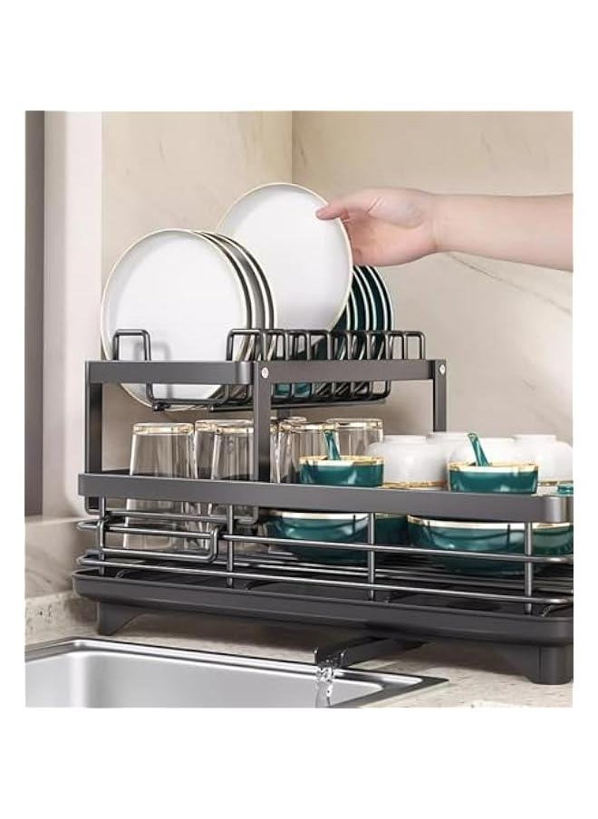 Dish Drying Rack Large Capacity 2 Tier Dish Drying Rack Multifunctional Rustproof Dish Drainers for Kitchen Counter with Drainboard Leak-Proof Spout,Large Utensil Holder, Cup Holder, White