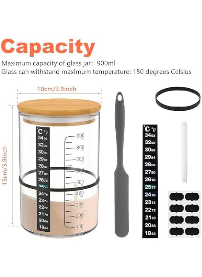 with Wooden Lid 900ml Sourdough Starter Container Wide Mouth Clear Glass Sourdough Starter Jar with Temperature Paper Spatula Rubber String Labels Pen for Baking Bread