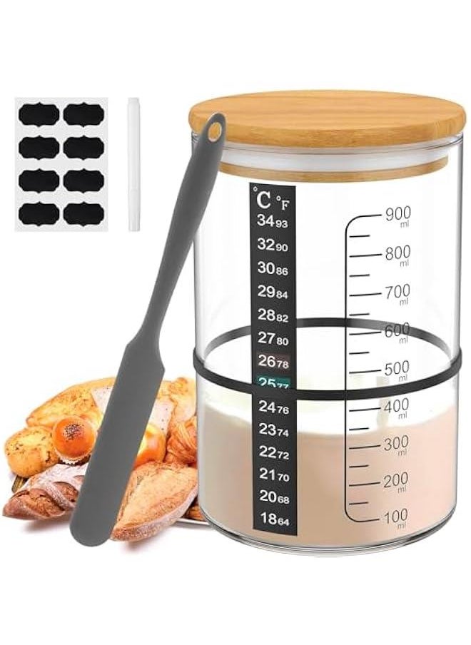 with Wooden Lid 900ml Sourdough Starter Container Wide Mouth Clear Glass Sourdough Starter Jar with Temperature Paper Spatula Rubber String Labels Pen for Baking Bread