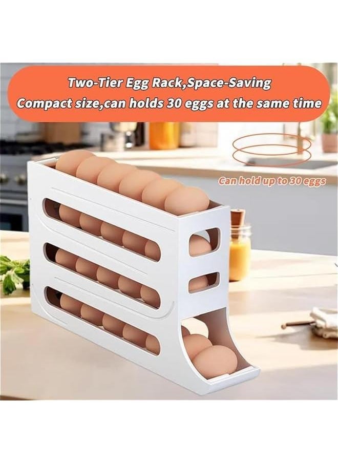 2 Pcs Egg Holder for Fridge, 4-Layer Automatic Egg Rolling Dispenser, Holds 30 Eggs Simultaneously, Space Saving Egg Tray for Refrigerator, Works In The Kitchen, Cabinets (White-2pcs)