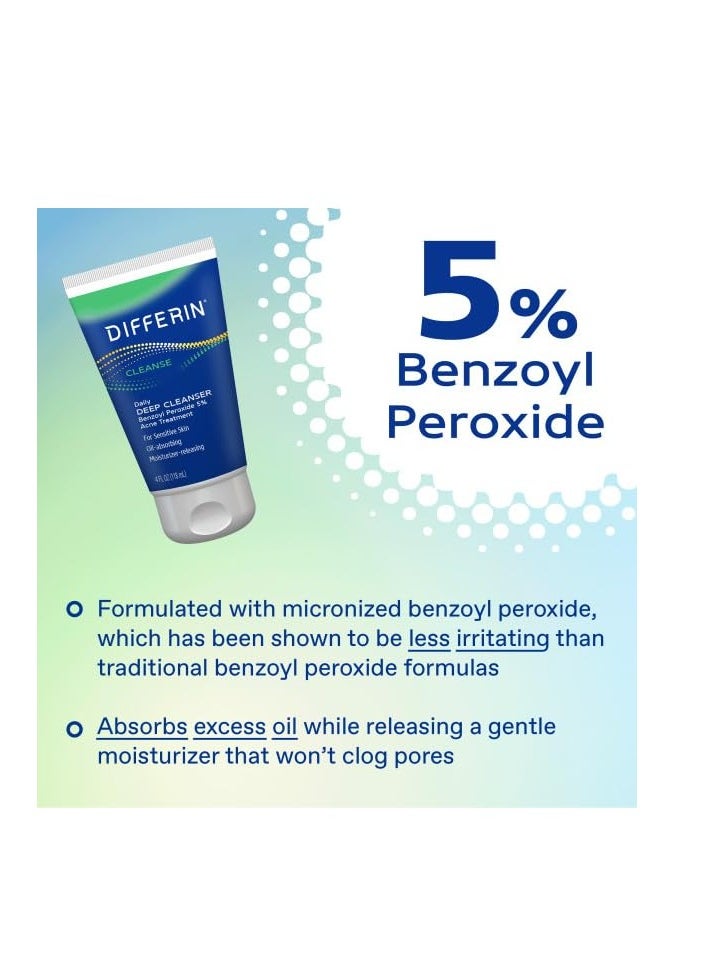 Differin Acne Face Wash with 5% Benzoyl Peroxide, Daily Deep Cleanser by the makers of Differin Gel, Gentle Skin Care for Acne Prone Sensitive Skin, 4 oz (Packaging May Vary)