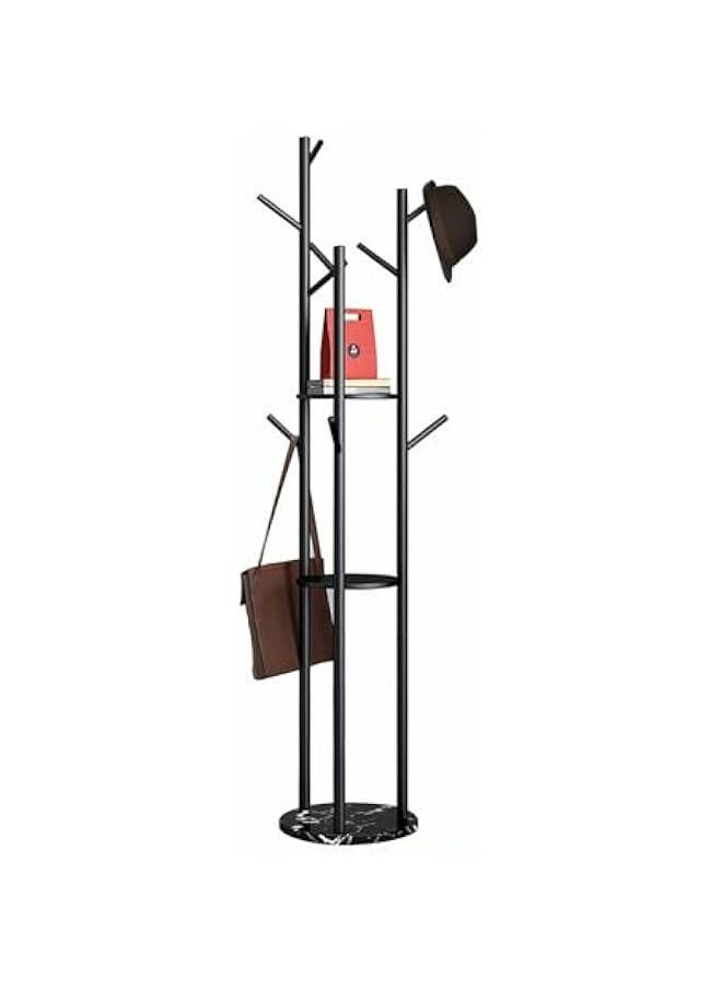 Coat Racks Freestanding, Coat Hanger Stand, Hall Tree Coat Rack for Hanging Hats, Scarves, Bags, Modern Coat Rack with Double Shelves, Corner Coat Rack, 9 Hooks (Black)