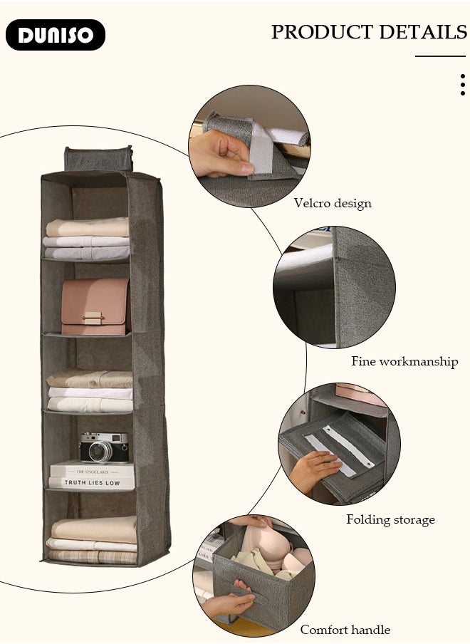 5-Tier Hanging Clothes Organizer, Hanging Shelf Organizer with 2 Drawers, Storage Box Collapsible Shelves Hanging Closet for Clothes, Socks, Underwear, Hat, Jeans, Towel, Sweater, in Bedroom, Dorm College Room