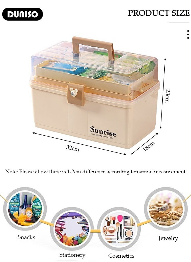 Family Medicine Storage Box Container, 3 Layers Folding First Aid Box Organizer with Locking Lid Handle, Multipurpose Durable Craft Tool Case Plastic Professional Emergency Bin for Home Travel Car Camping Office