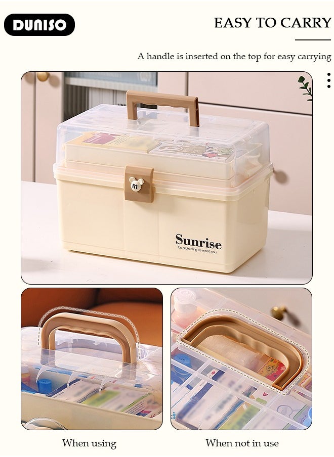 Family Medicine Storage Box Container, 3 Layers Folding First Aid Box Organizer with Locking Lid Handle, Multipurpose Durable Craft Tool Case Plastic Professional Emergency Bin for Home Travel Car Camping Office