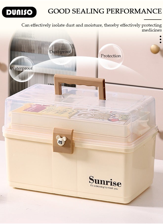 Family Medicine Storage Box Container, 3 Layers Folding First Aid Box Organizer with Locking Lid Handle, Multipurpose Durable Craft Tool Case Plastic Professional Emergency Bin for Home Travel Car Camping Office