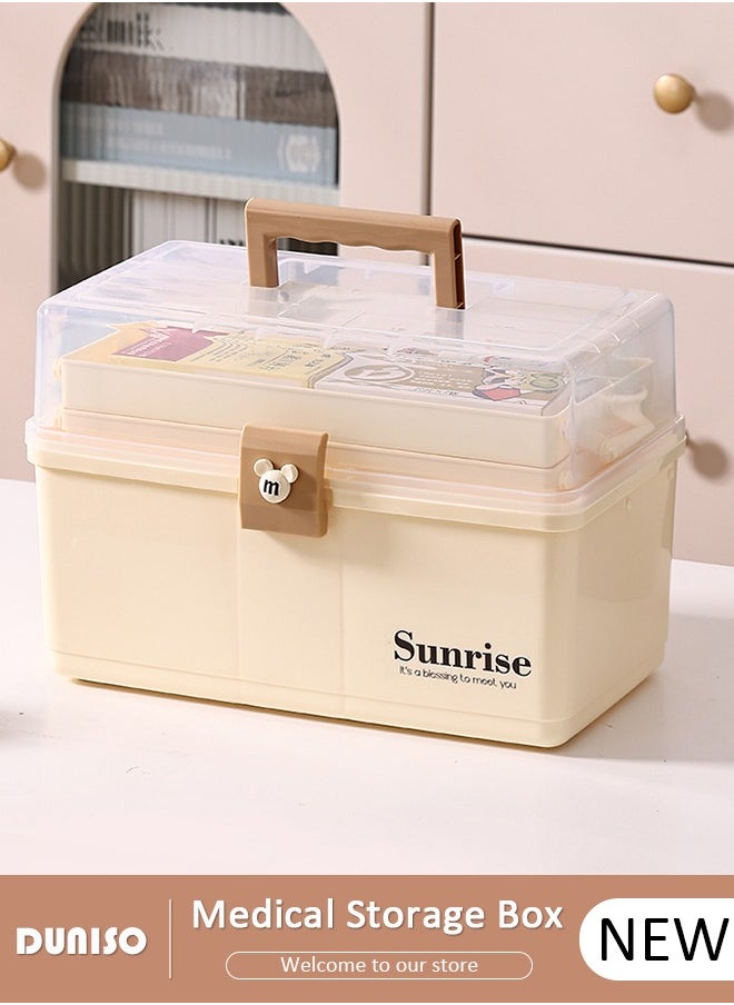 Family Medicine Storage Box Container, 3 Layers Folding First Aid Box Organizer with Locking Lid Handle, Multipurpose Durable Craft Tool Case Plastic Professional Emergency Bin for Home Travel Car Camping Office