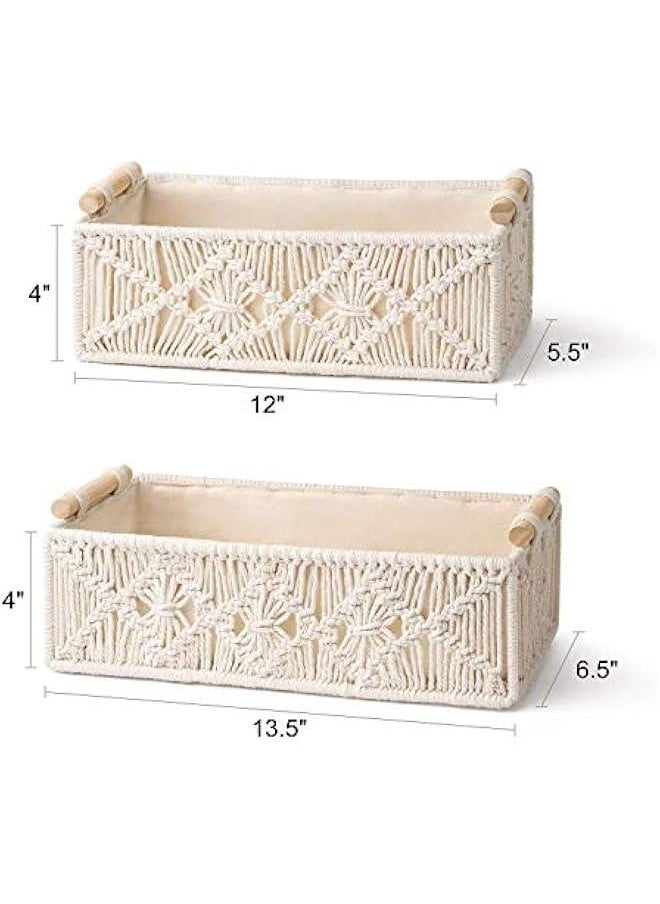 Macrame Storage Baskets Boho Decor Box Handmade Woven Decorative Countertop Toilet Tank Shelf Cabinet Organizer for Bedroom Livingroom Home, 2 pack (White)