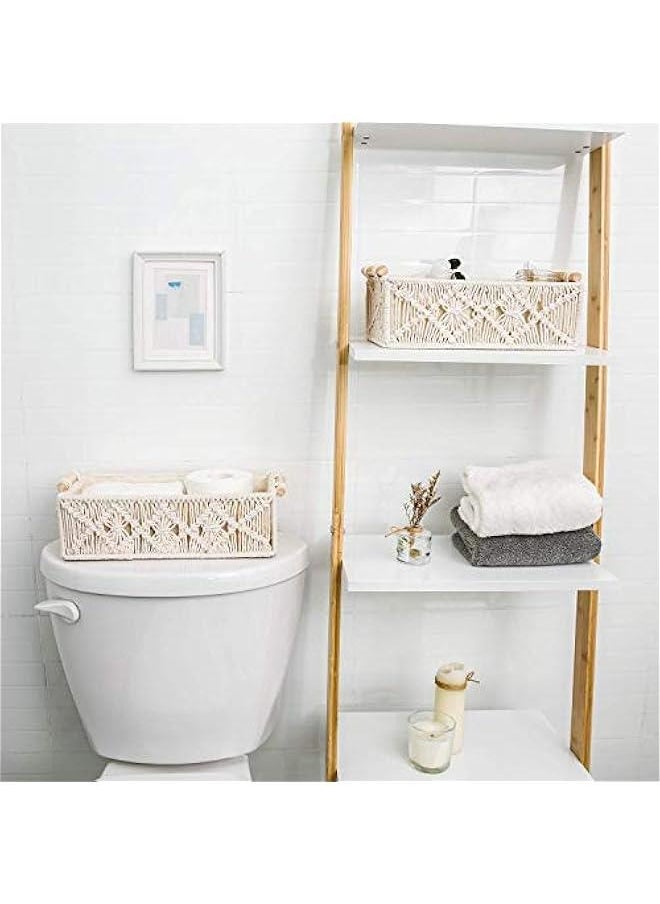 Macrame Storage Baskets Boho Decor Box Handmade Woven Decorative Countertop Toilet Tank Shelf Cabinet Organizer for Bedroom Livingroom Home, 2 pack (White)