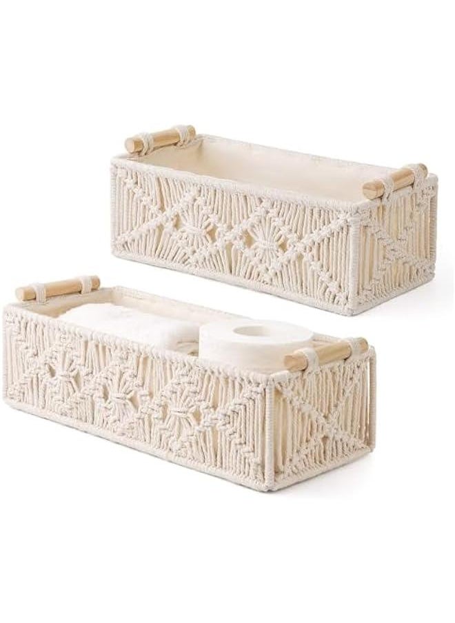 Macrame Storage Baskets Boho Decor Box Handmade Woven Decorative Countertop Toilet Tank Shelf Cabinet Organizer for Bedroom Livingroom Home, 2 pack (White)