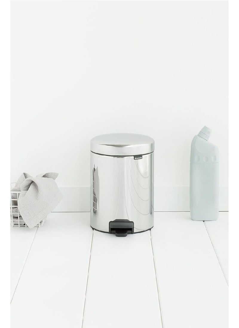 Brabantia NewIcon Pedal Bin 5 L (Brilliant Steel) Soft-Closure Bathroom Bin, Removable Inner Bucket