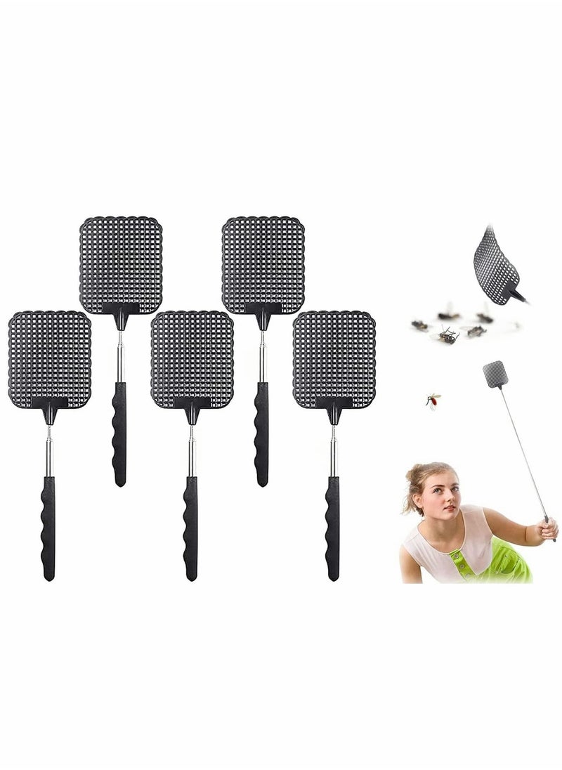 Retractable Fly Swatters, Extendable Swatter, Telescopic Strong Plastic Flexible Manual Pest Control, Heavy Duty Durable Handles, Light Weight, Black, 5 Pack