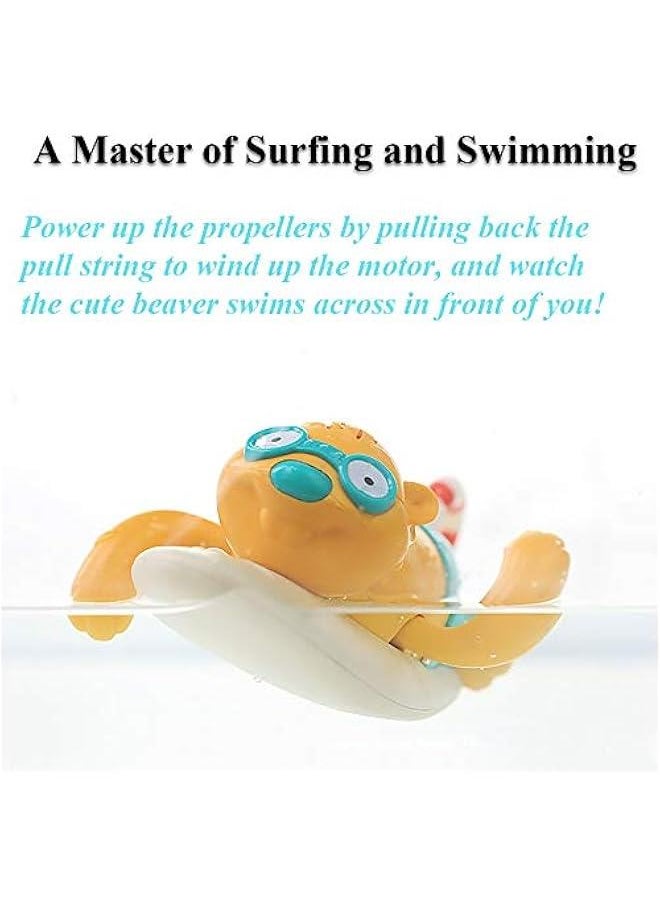 Pull String Baby Bath Toy Pull & Go Beaver Cute Surfing Beaver Swimming Beaver Windup Clockwork Bathtub Toy for Toddlers (Blue)