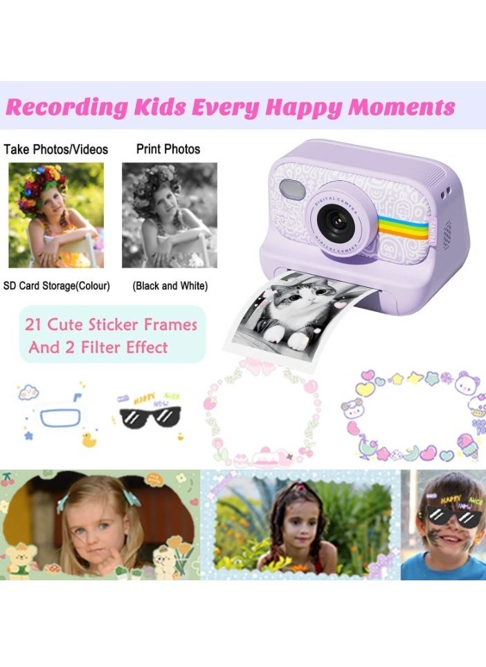 Instant Print Camera, 1080P HD Digital Video Camera, Lightweight And Durable Kids Portable Camera. High Capacity Digital Camera With Print Paper 32GB Card And Lanyard, (White)