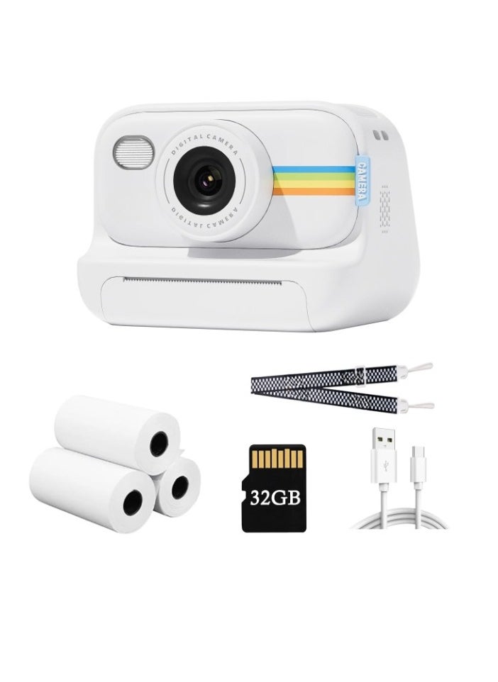 Instant Print Camera, 1080P HD Digital Video Camera, Lightweight And Durable Kids Portable Camera. High Capacity Digital Camera With Print Paper 32GB Card And Lanyard, (White)