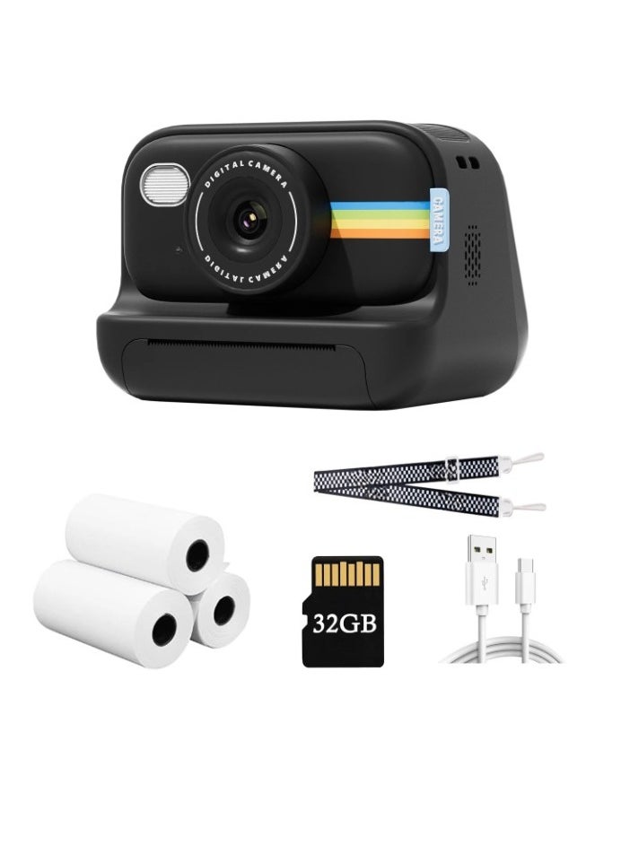 Instant Print Camera, 1080P HD Digital Video Camera, Lightweight And Durable Kids Portable Camera. High Capacity Digital Camera With Print Paper 32GB Card And Lanyard, (Black)