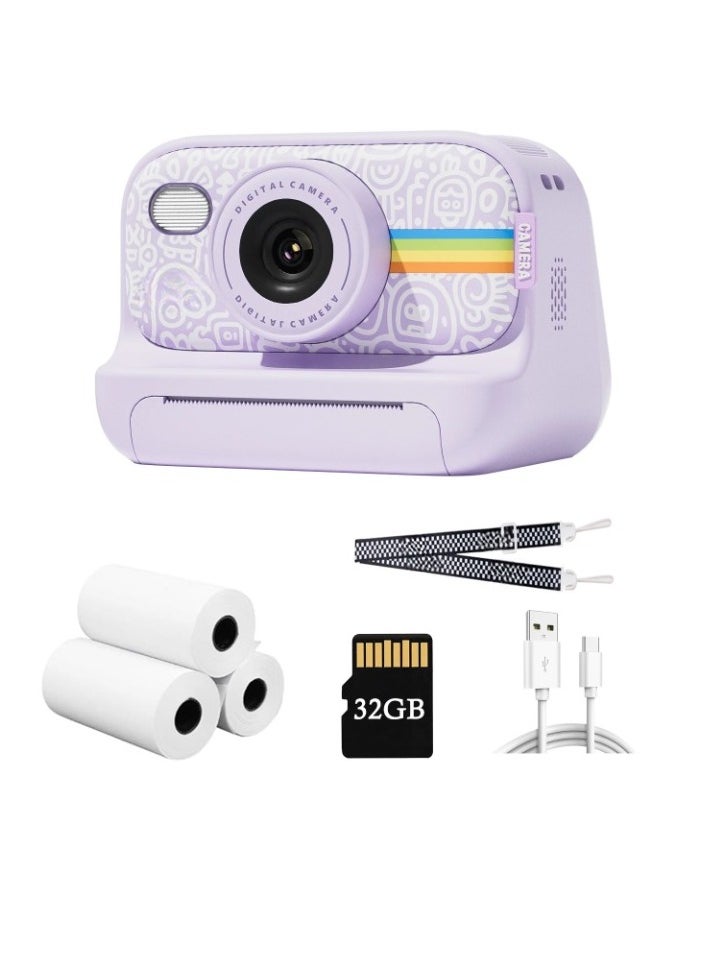 Instant Print Camera, 1080P HD Digital Video Camera, Lightweight And Durable Kids Portable Camera. High Capacity Digital Camera With Print Paper 32GB Card And Lanyard, (Purple)