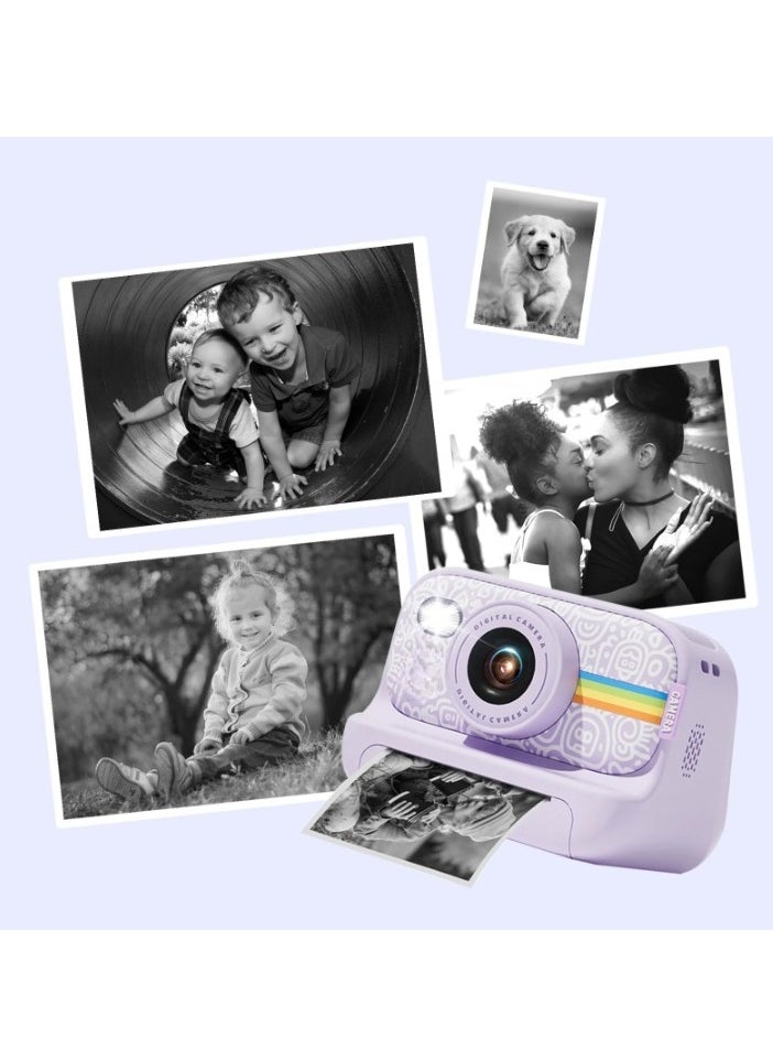 Instant Print Camera, 1080P HD Digital Video Camera, Lightweight And Durable Kids Portable Camera. High Capacity Digital Camera With Print Paper 32GB Card And Lanyard, (Purple)