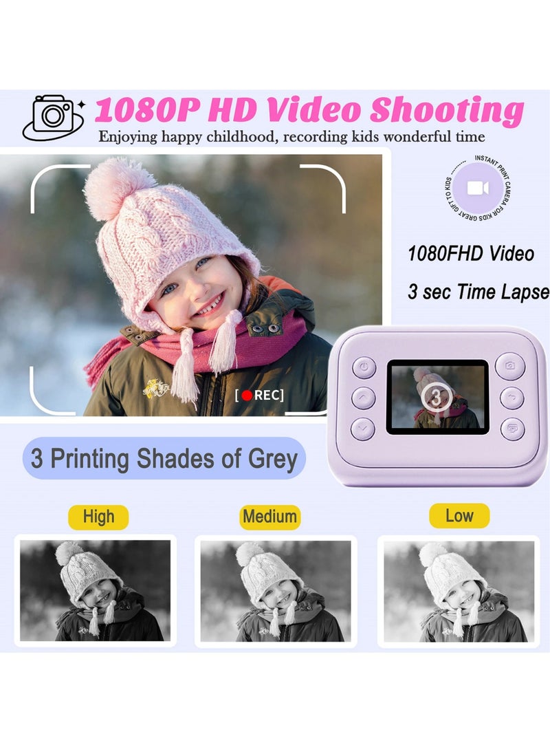 Instant Print Camera, 1080P HD Digital Video Camera, Lightweight And Durable Kids Portable Camera. High Capacity Digital Camera With Print Paper 32GB Card And Lanyard, (Purple)