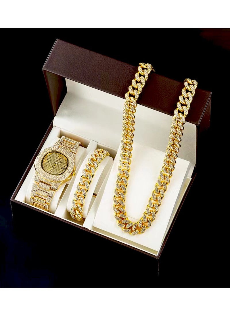 European and American hip-hop Cuban chain watch bracelet three piece jewelry set, personalized and fashionable, diamond studded zircon hip-hop full diamond necklace set