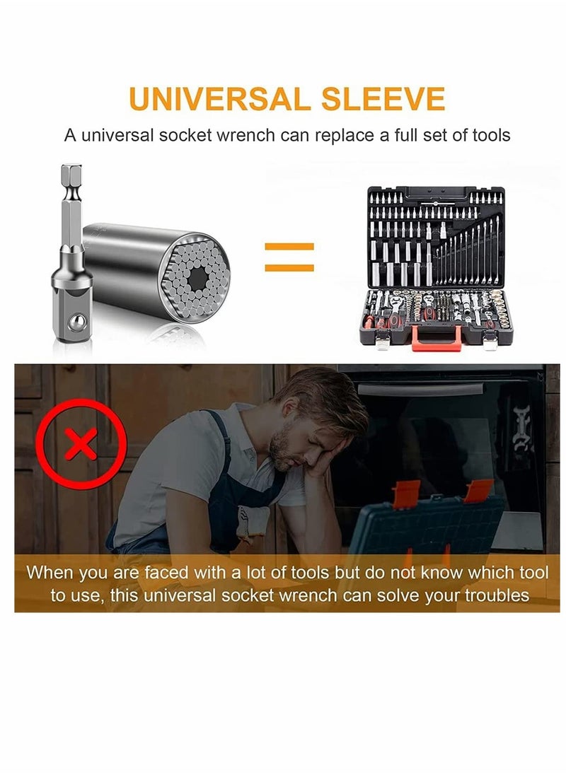 Universal Socket, Universal Socket Wrench with Electric Drill Adapter, Silver Self-Adjusting Socket Set, Convenient and Durable DIY Tools for Men Him Husband Dad Father, 1Pcs, 7 - 19 MM