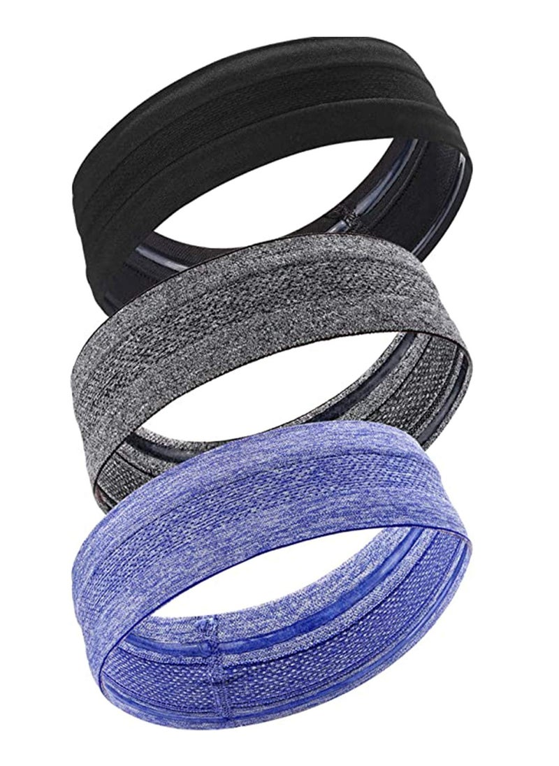 Headbands for Men, 3-Pack Sweat Bands Headbands Mens Sport Cooling Headbands for Running, Crossfit, Working Out and Performance Stretch Guys Hairbands (Black, Purple, Grey)