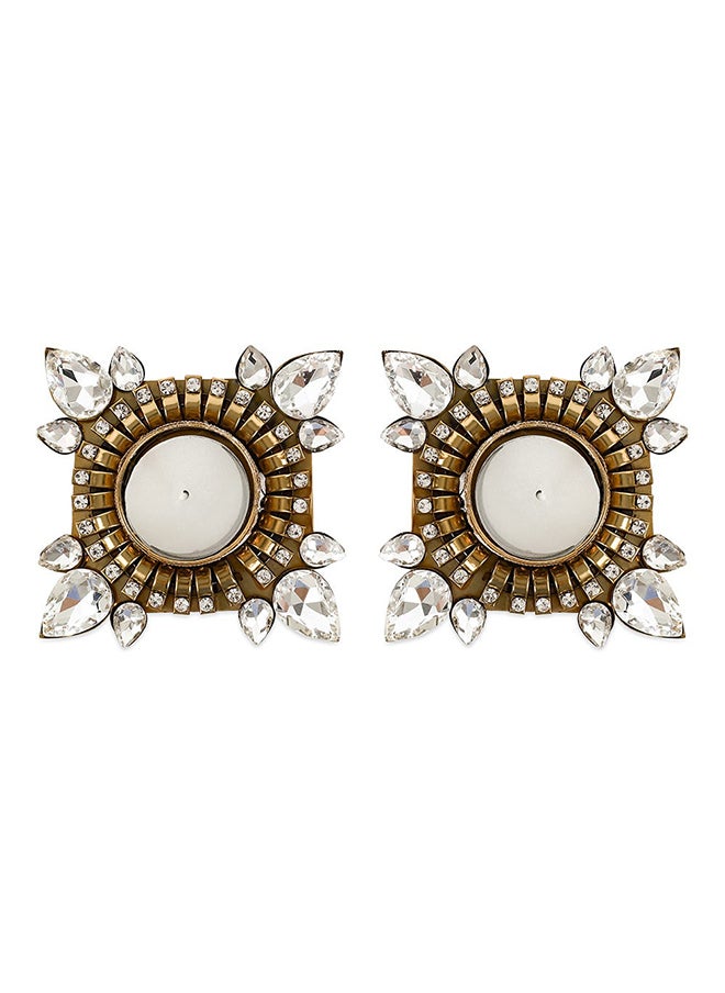 2-Piece Decorative Metal Diya Set with Tealight Candles, Gold & Clear