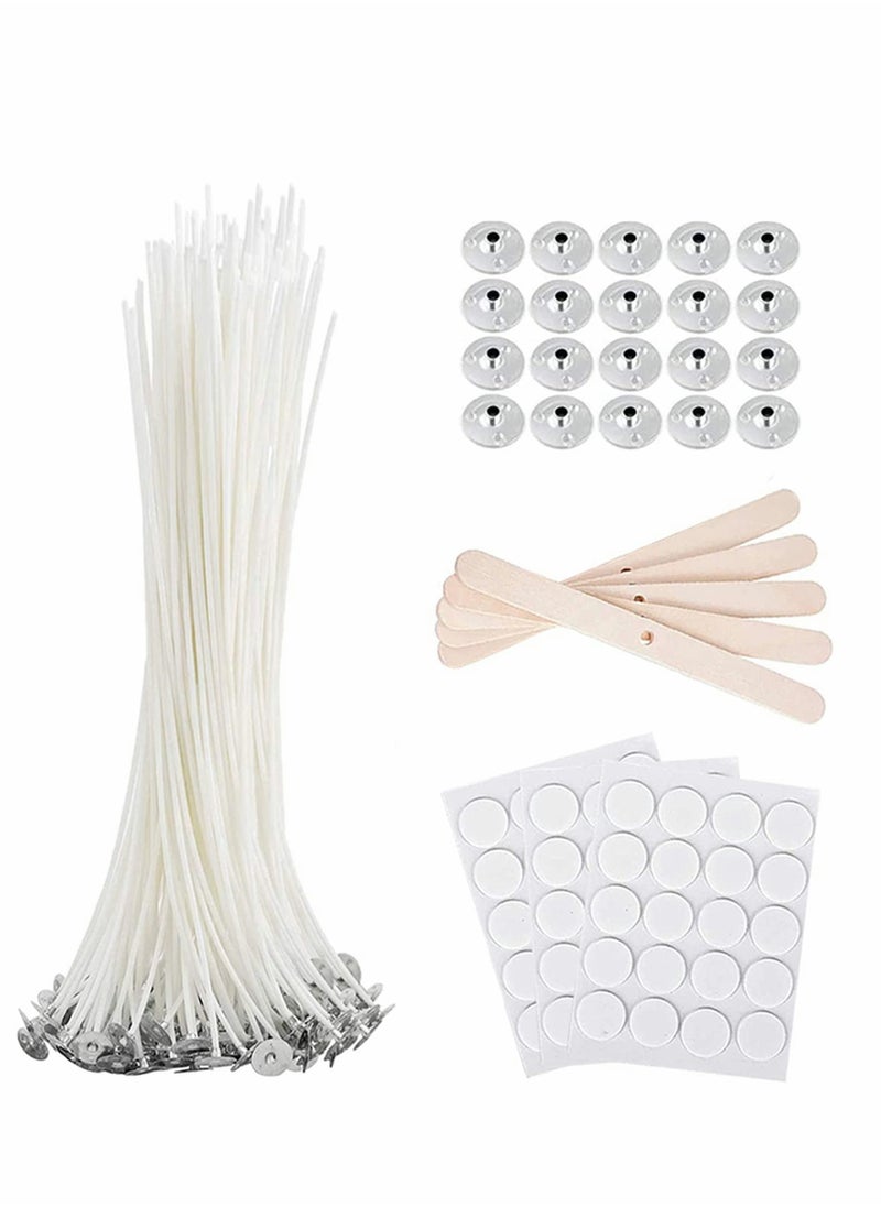 Candle Making Kit, Bulk Candle Wicks 80 Pcs 8 inch with 60Pcs Candle Wick Stickers, 5Pcs Wooden Candle Wick Centering Device and 20 Pcs Metal tabs for Soy Beeswax Candle Making