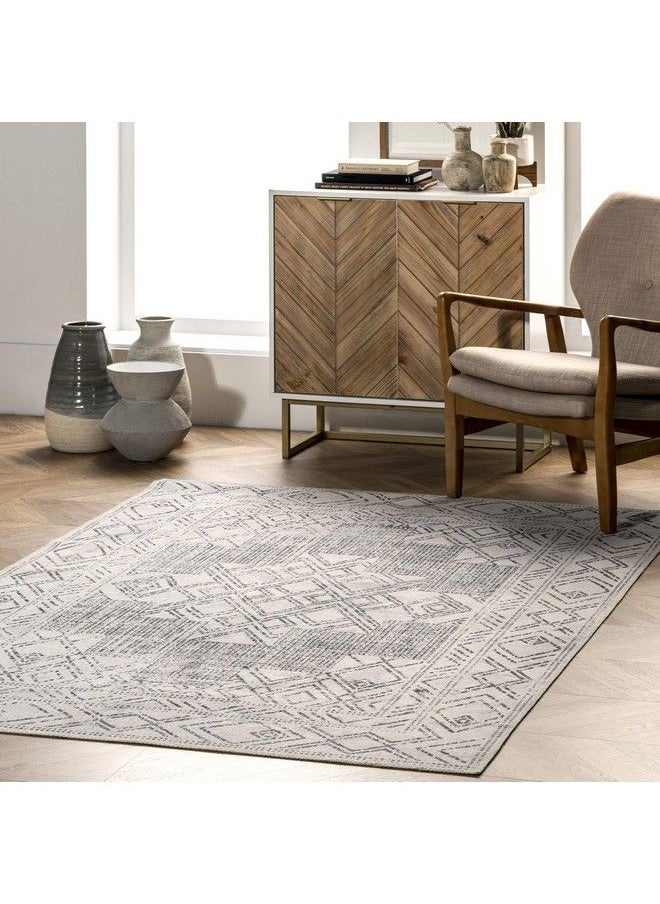 Mia Machine Washable Geometric Medallion Area Rug 4' X 6' Light Gray