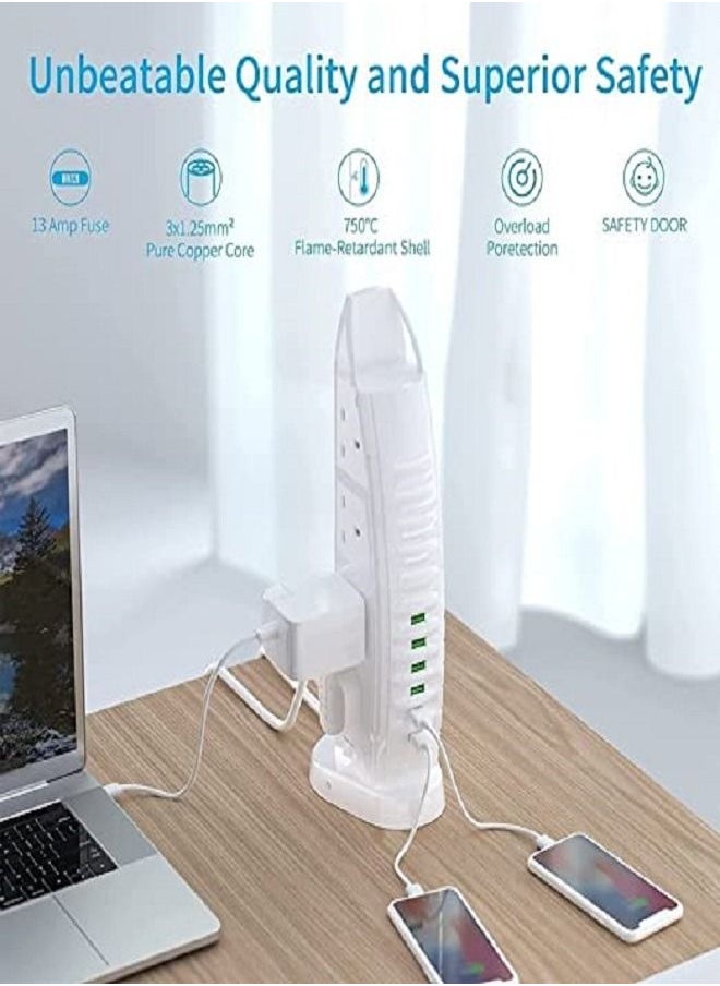 Burj Al Arab Sailboat Shape Tower Extension Lead with USB, 8 Way Outlets 6 USB Fast Charging Ports (2 Type C and 4 USB Ports) 3.6A Multi Plug Extension Cord Socket 2M Cable, Vertical Power Strip