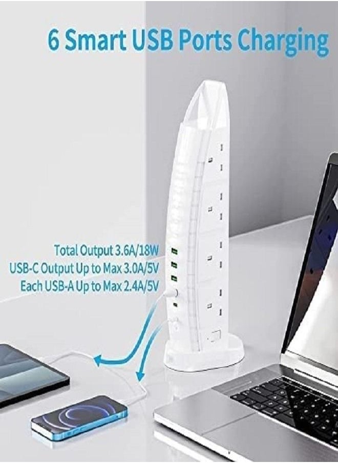 Burj Al Arab Sailboat Shape Tower Extension Lead with USB, 8 Way Outlets 6 USB Fast Charging Ports (2 Type C and 4 USB Ports) 3.6A Multi Plug Extension Cord Socket 2M Cable, Vertical Power Strip