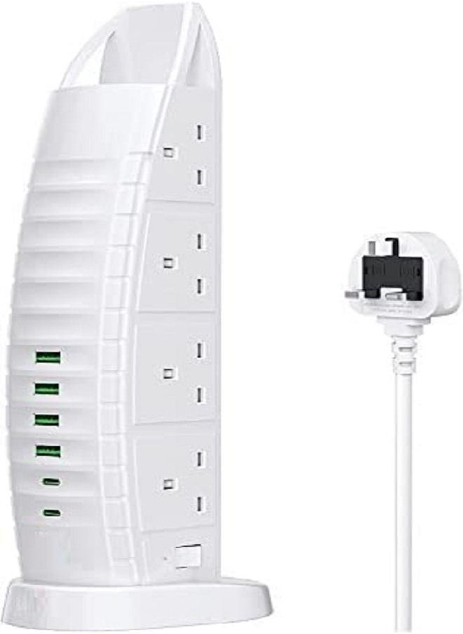 Burj Al Arab Sailboat Shape Tower Extension Lead with USB, 8 Way Outlets 6 USB Fast Charging Ports (2 Type C and 4 USB Ports) 3.6A Multi Plug Extension Cord Socket 2M Cable, Vertical Power Strip