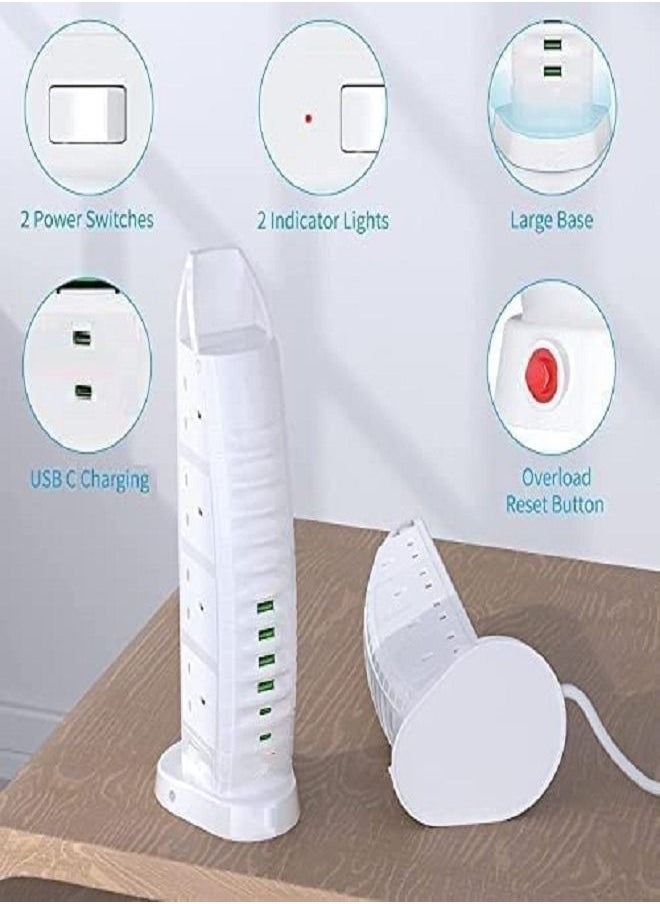 Burj Al Arab Sailboat Shape Tower Extension Lead with USB, 8 Way Outlets 6 USB Fast Charging Ports (2 Type C and 4 USB Ports) 3.6A Multi Plug Extension Cord Socket 2M Cable, Vertical Power Strip