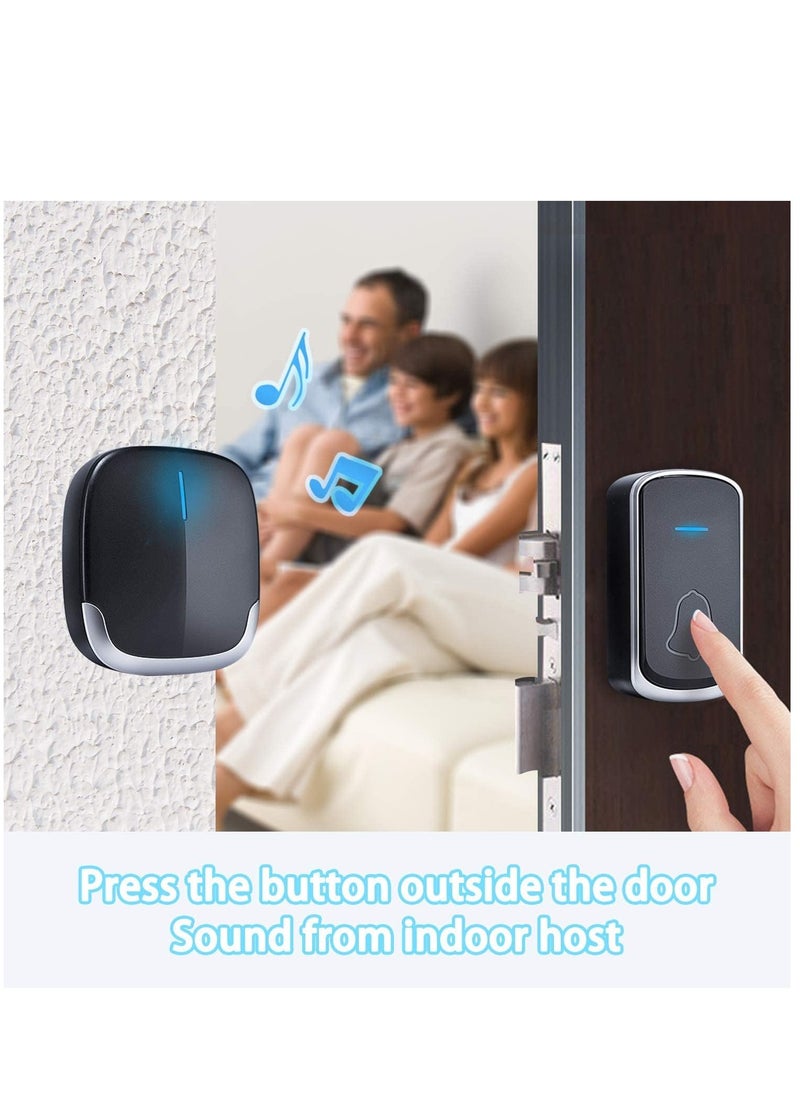 Waterproof Outdoor Wireless Doorbell with 300m Range 58 Melodies 4 Volume Levels LED Flash and Plug-In Receiver Black