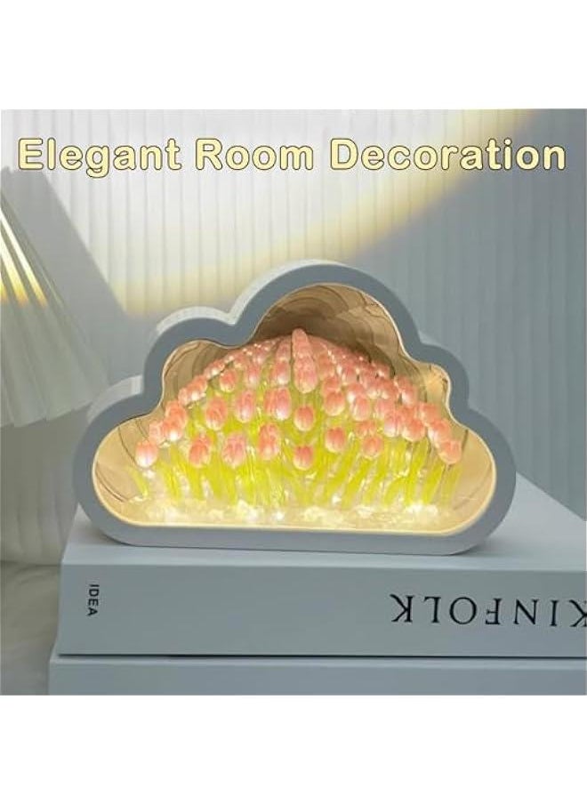 Pink Tulip Cloud Mirror Lamp, Flower Lamp Table Light for Bedroom Desk Decor, Simulation LED Flower Night Ligth for Friends, Family, Wife, Mother, Sister